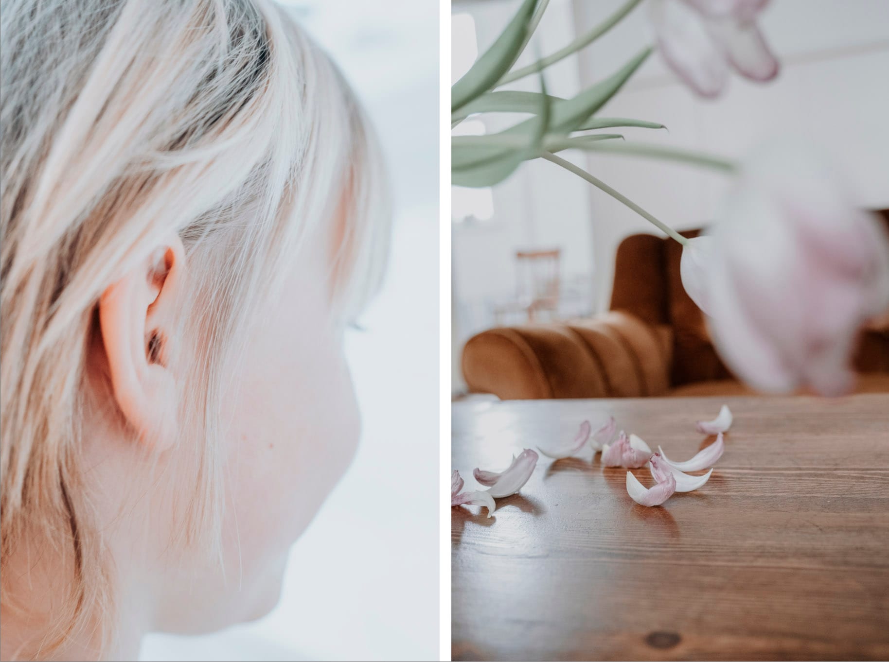 Collage med närbild på barns öra och kind samt blomblad som fallit på ett soffbord